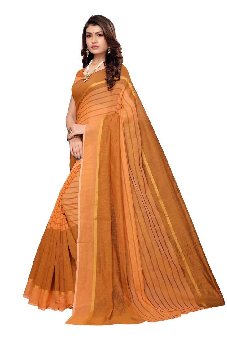 Light orange Striped Print Cotton Saree With Blouse