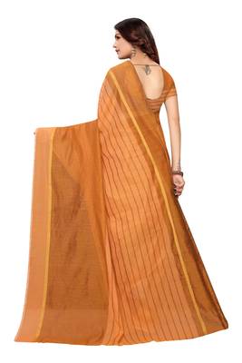 Light orange Striped Print Cotton Saree With Blouse 3