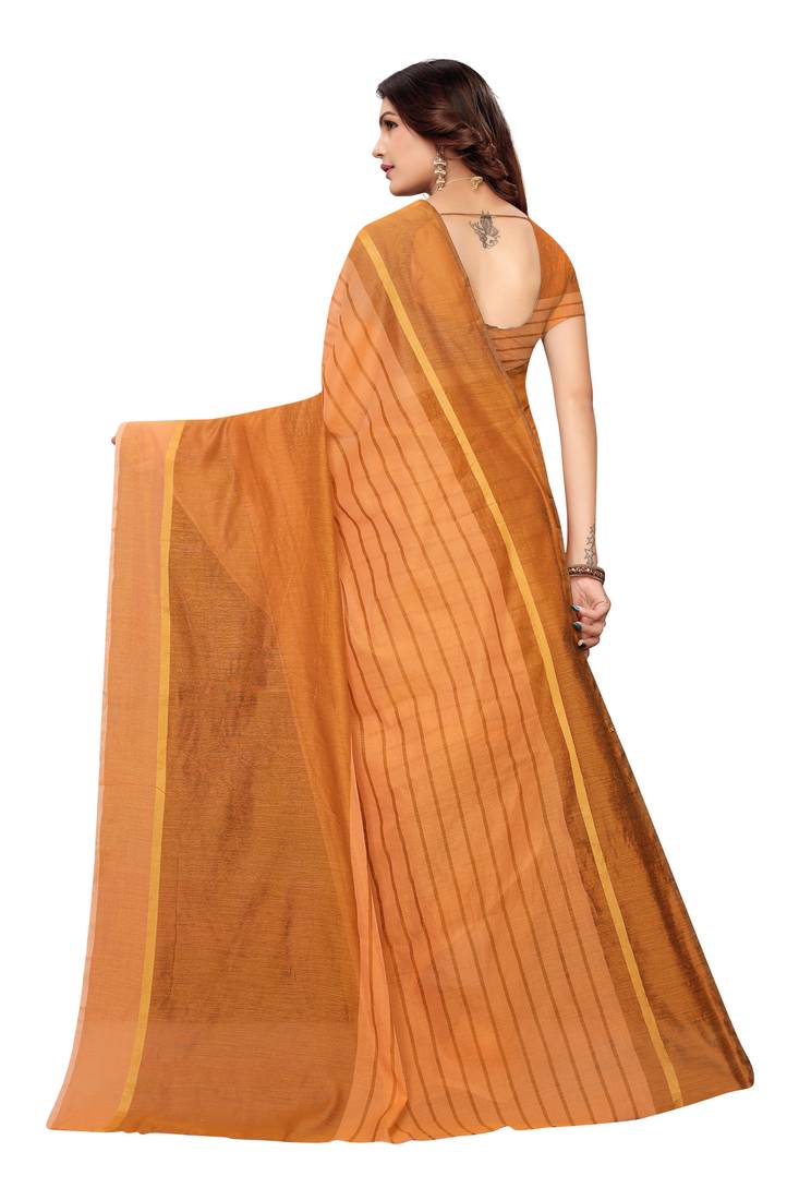 Light orange Striped Print Cotton Saree With Blouse