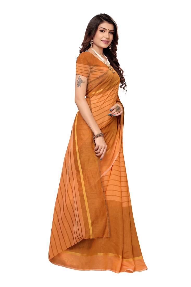 Light orange Striped Print Cotton Saree With Blouse