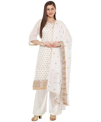 Women's White Embroidered Cotton Chanderi Unstitch Dress Material With Dupatta 1