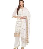Women's White Embroidered Cotton Chanderi Unstitch Dress Material With Dupatta
