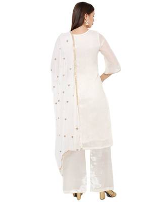 Women's White Embroidered Cotton Chanderi Unstitch Dress Material With Dupatta 2