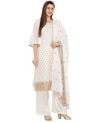 Women's White Embroidered Cotton Chanderi Unstitch Dress Material With Dupatta 3