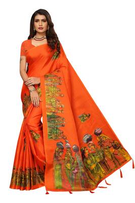 Orange Digital Printed Khadi Cotton Saree With Bloue Piece 1