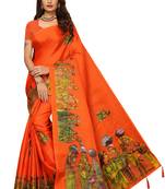 Orange Digital Printed Khadi Cotton Saree With Bloue Piece