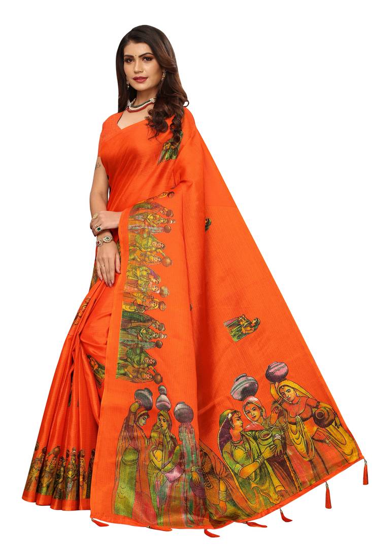 Orange Digital Printed Khadi Cotton Saree With Bloue Piece