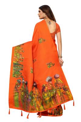 Orange Digital Printed Khadi Cotton Saree With Bloue Piece 3