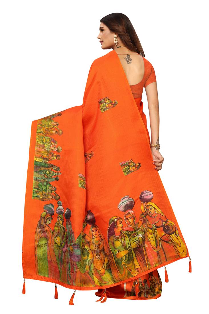 Orange Digital Printed Khadi Cotton Saree With Bloue Piece