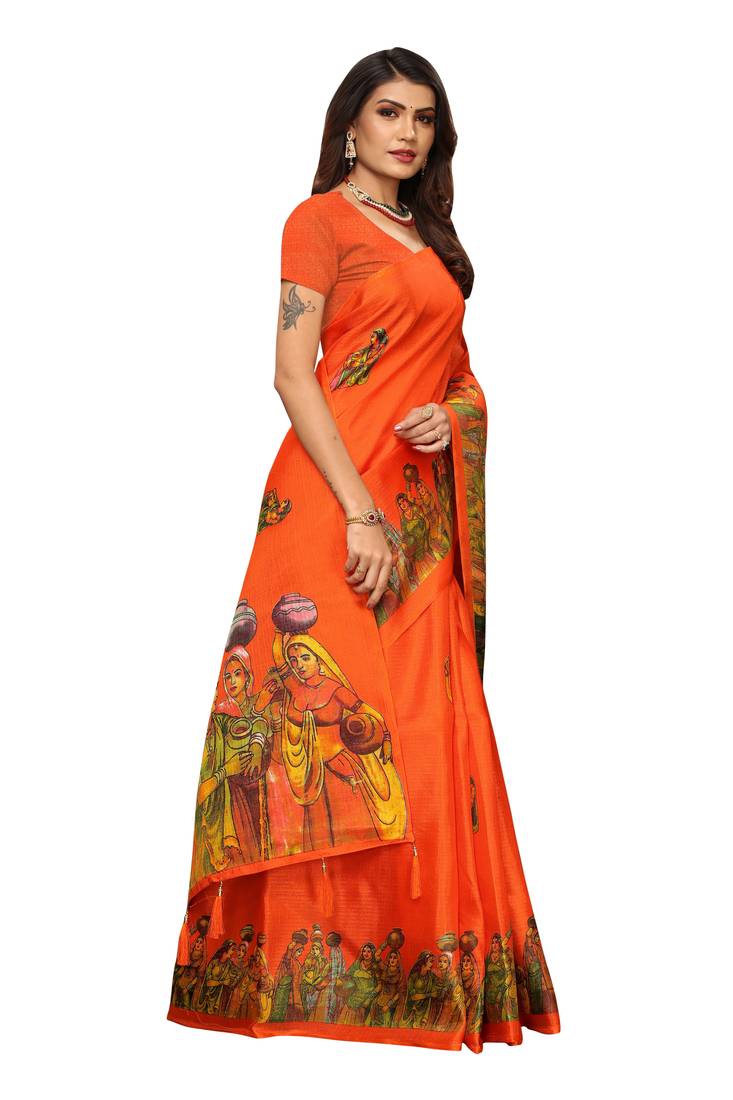 Orange Digital Printed Khadi Cotton Saree With Bloue Piece