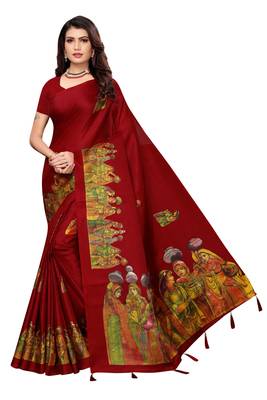 Maroon Digital Printed Khadi Cotton Saree With Bloue Piece 1