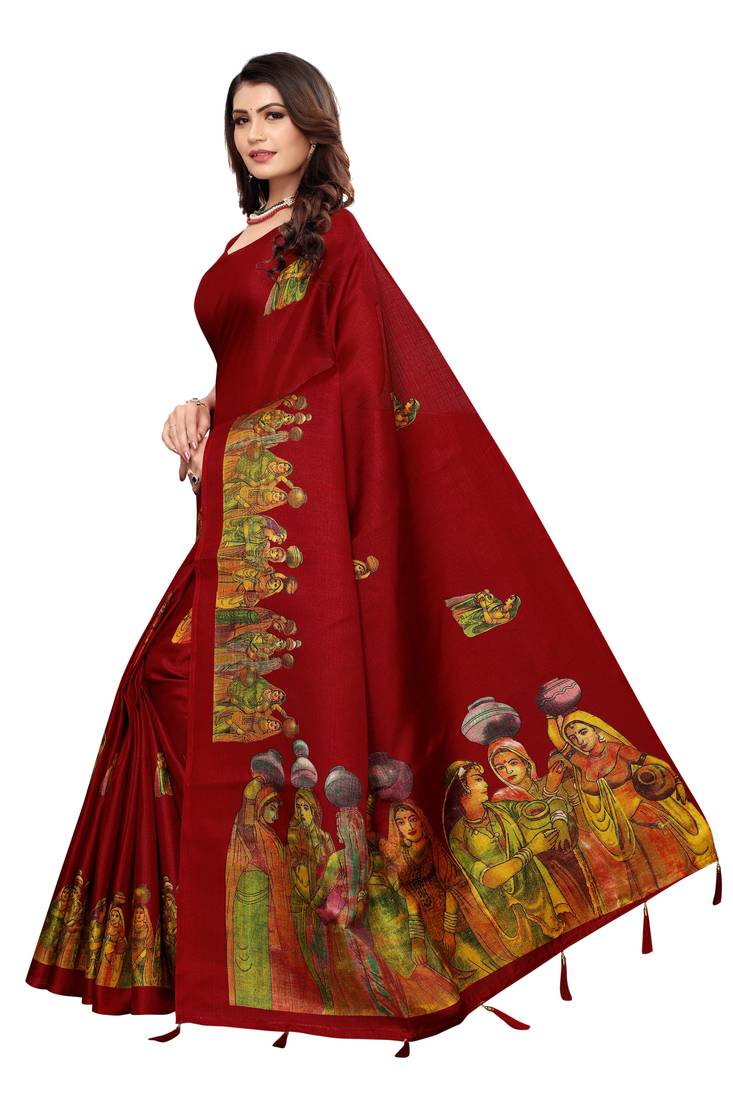 Maroon Digital Printed Khadi Cotton Saree With Bloue Piece