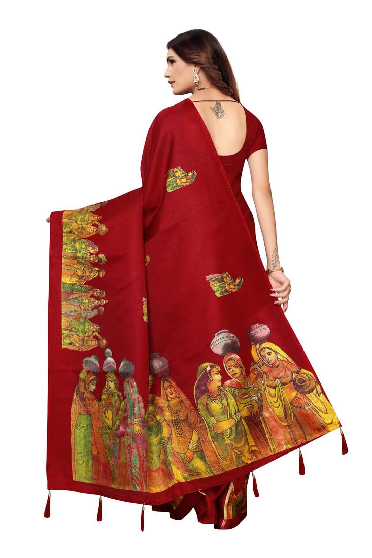 Maroon Digital Printed Khadi Cotton Saree With Bloue Piece