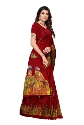 Maroon Digital Printed Khadi Cotton Saree With Bloue Piece 4