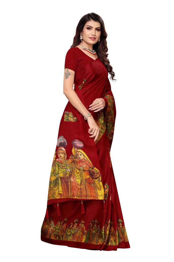 Maroon Digital Printed Khadi Cotton Saree With Bloue Piece