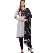 Women's White & Black Checks Cotton Unstitch Dress Material With Dupatta