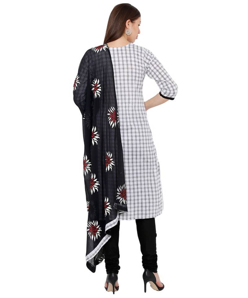Women's White & Black Checks Cotton Unstitch Dress Material With Dupatta