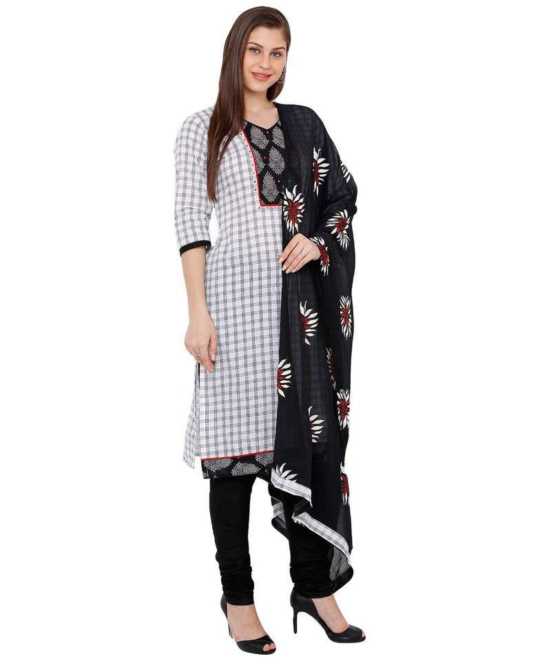 Women's White & Black Checks Cotton Unstitch Dress Material With Dupatta