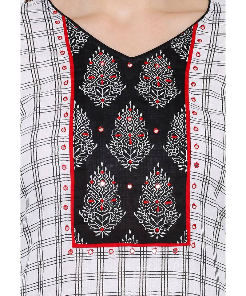 Women's White & Black Checks Cotton Unstitch Dress Material With Dupatta