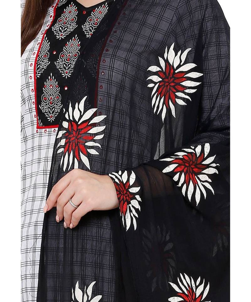Women's White & Black Checks Cotton Unstitch Dress Material With Dupatta