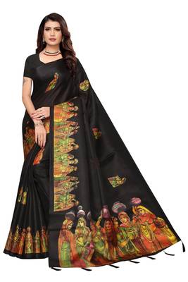Black Digital Printed Khadi Cotton Saree With Bloue Piece 1