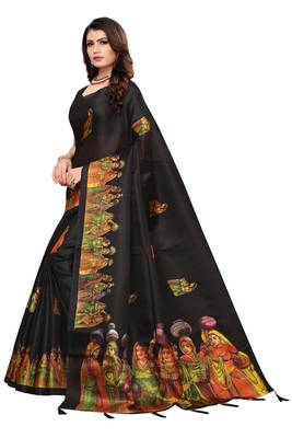 Black Digital Printed Khadi Cotton Saree With Bloue Piece 2