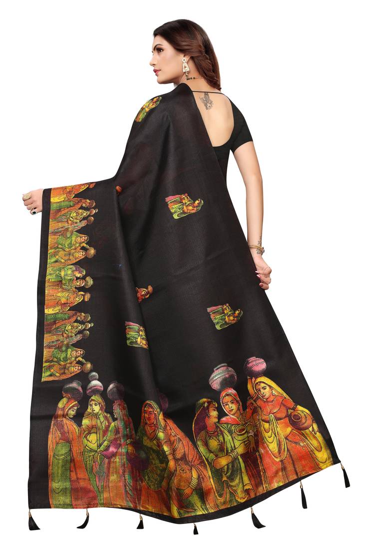 Black Digital Printed Khadi Cotton Saree With Bloue Piece