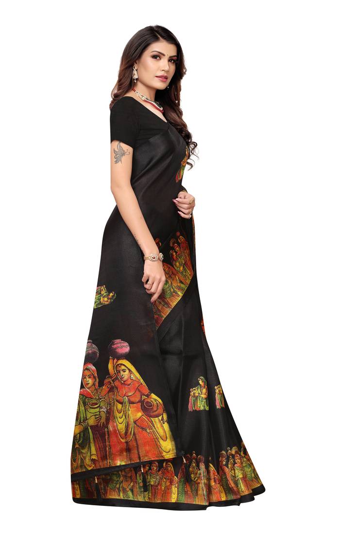 Black Digital Printed Khadi Cotton Saree With Bloue Piece