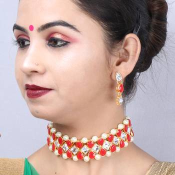 Gold Plated Exclusive Red Stone Choker Set For Girls And Women 3
