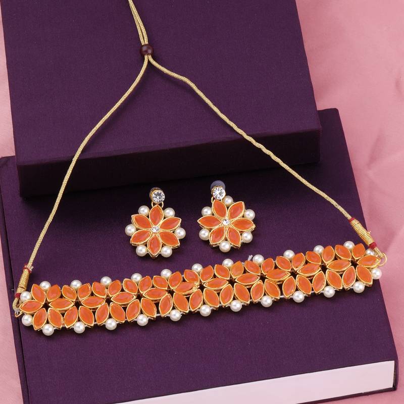 Gold Plated Exclusive Orange Stone Choker Set For Girls And Women