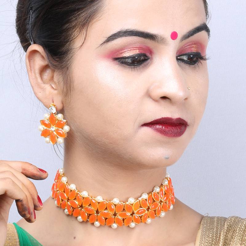 Gold Plated Exclusive Orange Stone Choker Set For Girls And Women