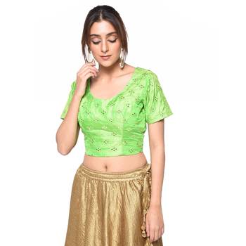 Green embroidered art silk padded readymade blouse 1