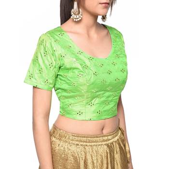 Green embroidered art silk padded readymade blouse 4