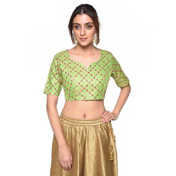 Green embroidered art silk padded readymade blouse 1
