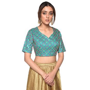 Blue embroidered art silk padded readymade blouse 1