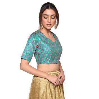 Blue embroidered art silk padded readymade blouse 4
