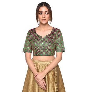 Green embroidered art silk padded readymade blouse 1