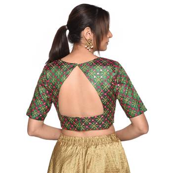 Green embroidered art silk padded readymade blouse 2