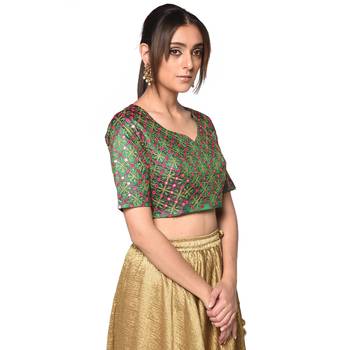 Green embroidered art silk padded readymade blouse 3