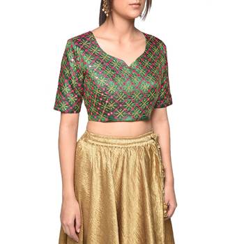 Green embroidered art silk padded readymade blouse 4
