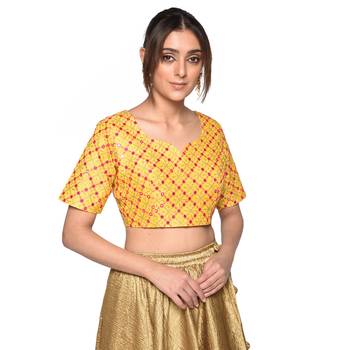 Yellow embroidered art silk padded readymade blouse 1