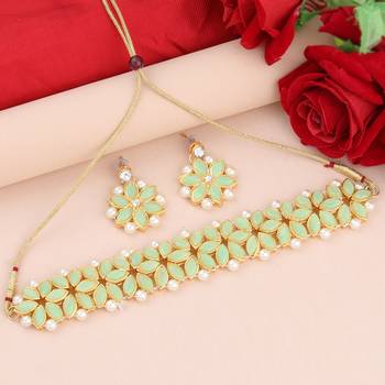Gold Plated Exclusive Light Green Stone Choker Set For Girls And Women 1