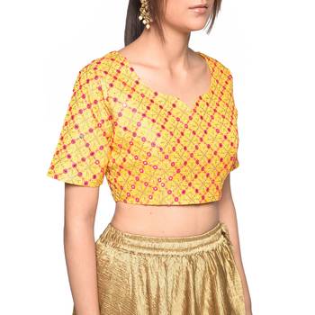 Yellow embroidered art silk padded readymade blouse 4
