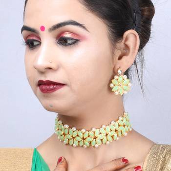 Gold Plated Exclusive Light Green Stone Choker Set For Girls And Women 3