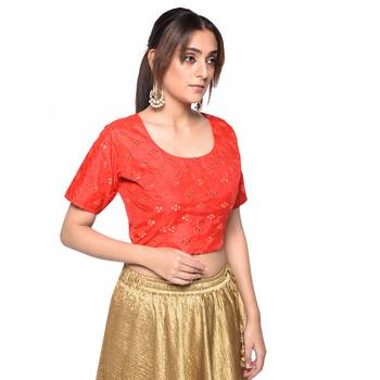 Red embroidered art silk padded readymade blouse 3