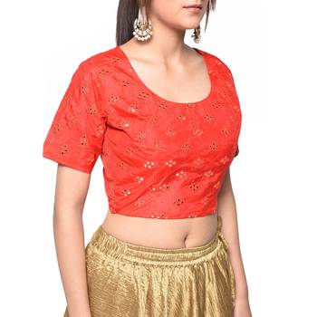 Red embroidered art silk padded readymade blouse 4