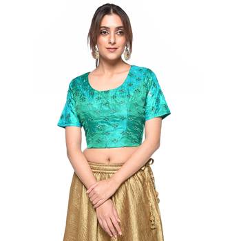 Green embroidered art silk padded readymade blouse 1