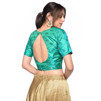 Green embroidered art silk padded readymade blouse 2