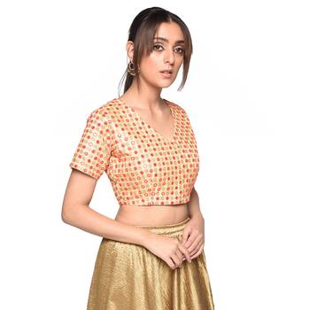 Beige embroidered art silk padded readymade blouse 3