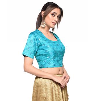Blue embroidered art silk padded readymade blouse 3